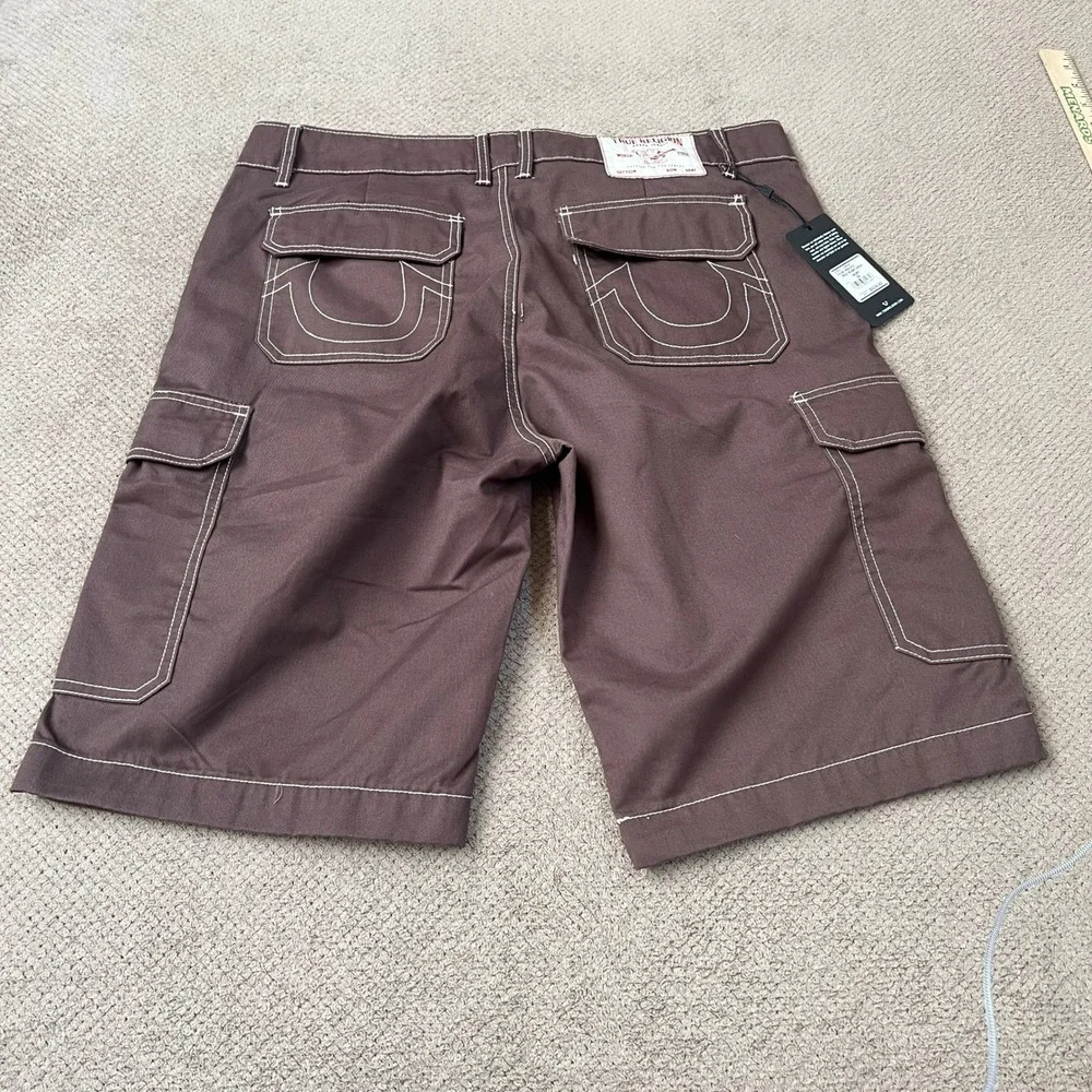 True Religion Mens Bracken Cargo Shorts Brown Contrast Stitch Y2K Style Size 34